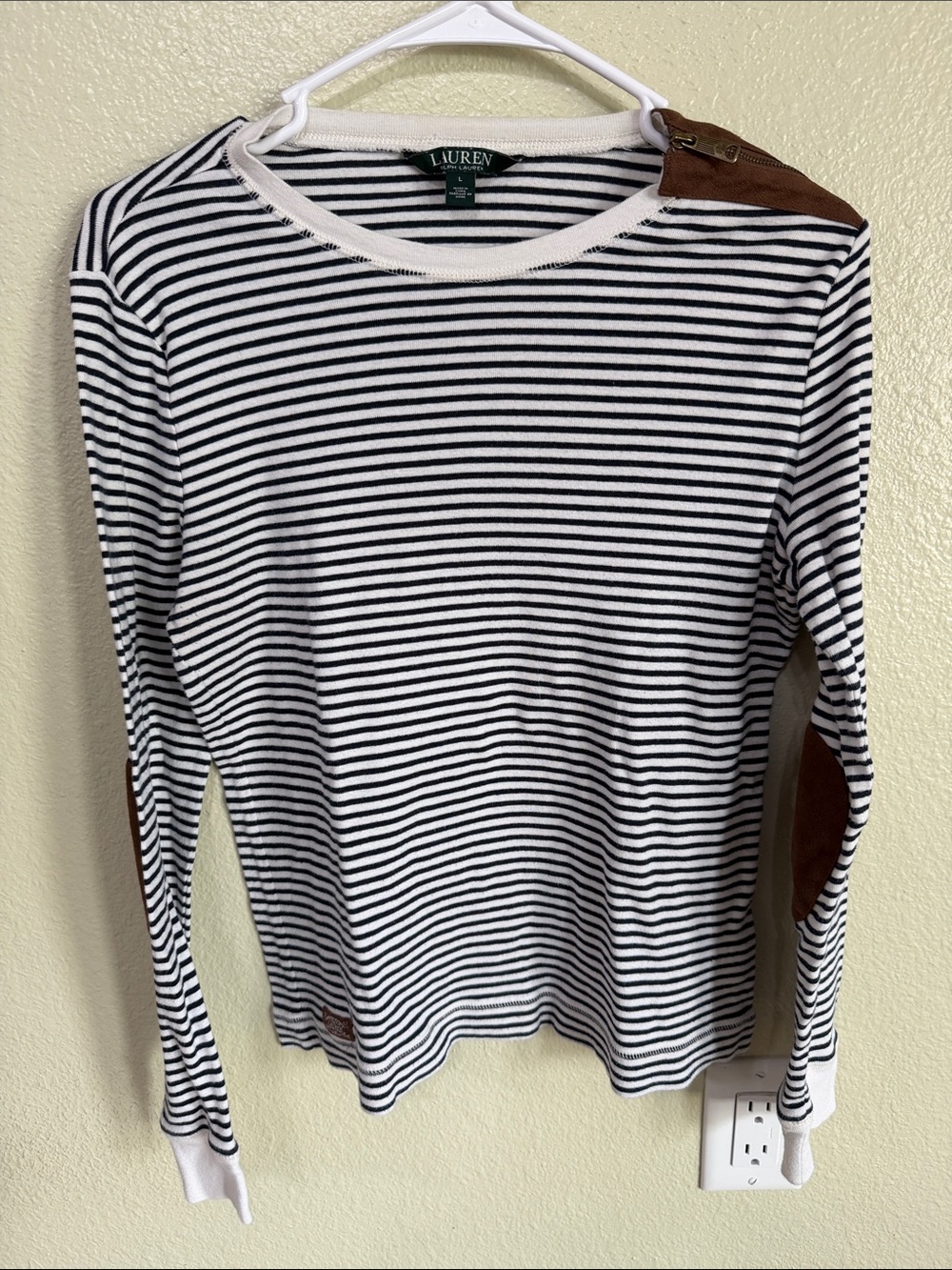 Lauren Ralph Lauren Striped Top Leather Elbow Patch Cotton Shoulder Zip Classic